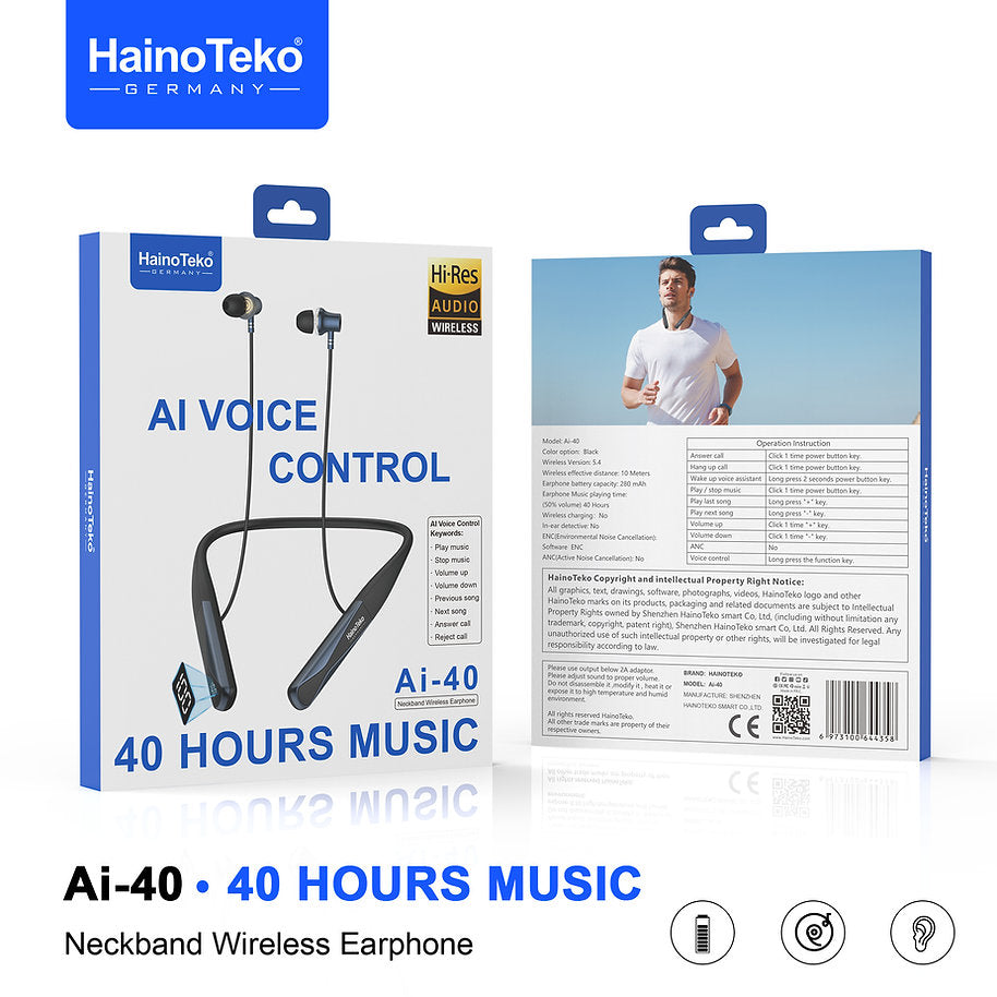 AI Voice Control Neckband Earphones with 40-Hour Battery – HainoTeko Ai-40