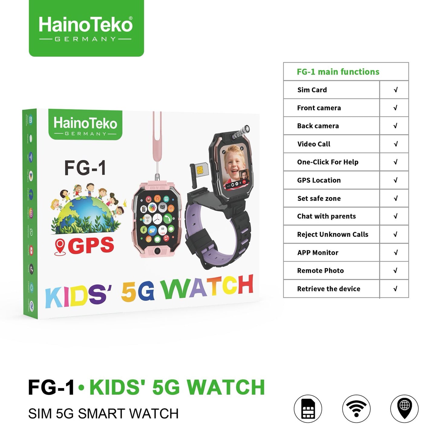 HainoTeko FG-1 Kids Smart Watch 5G with SIM | Dual Camera | GPS | Pink