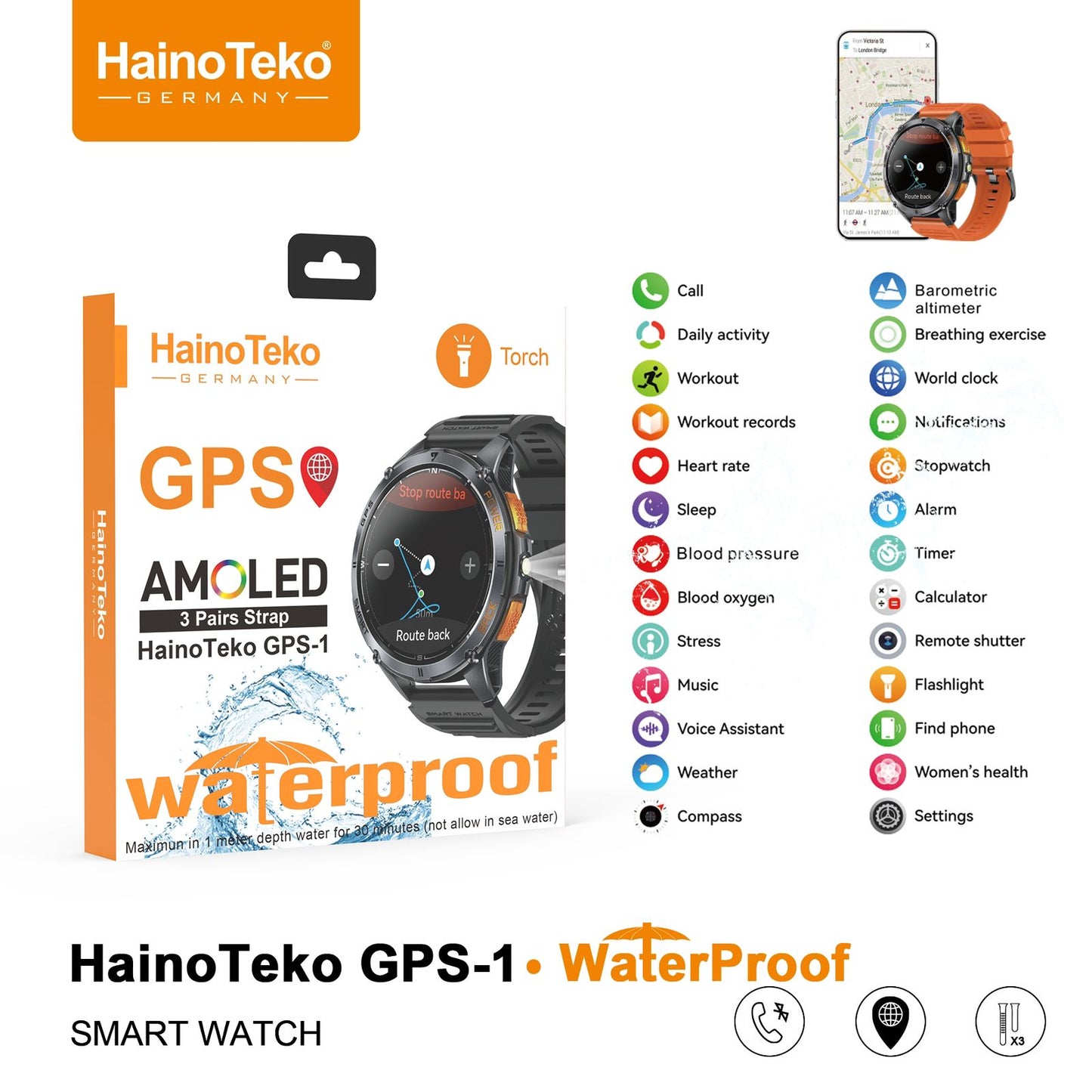 Men’s Smart Watch with Built-in GPS & AMOLED Display – Haino Teko GPS-1